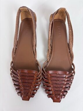 J. Crew Huarache Leather Flats Woven Vamp Slingback Heel Strappy Boho Brown Sz 6